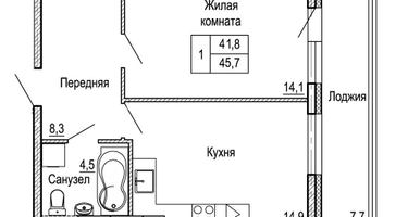 1-к. квартира, 45&nbsp;м²