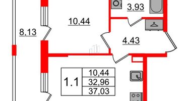 1-к. квартира, 32&nbsp;м²