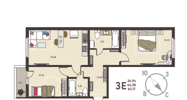 2-к. квартира, 65 м²