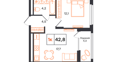 1-к. квартира, 42&nbsp;м²