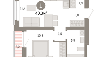 1-к. квартира, 40 м²