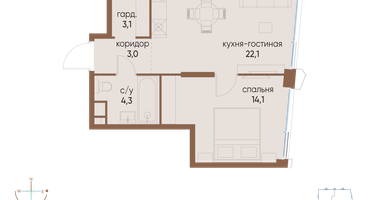 1-к. квартира, 46 м²