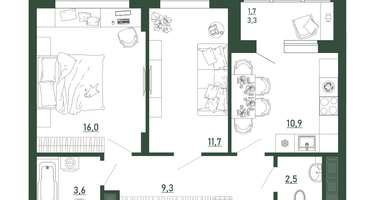 2-к. квартира, 55 м²