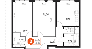 2-к. квартира, 58&nbsp;м²