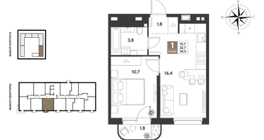 1-к. квартира, 34&nbsp;м²
