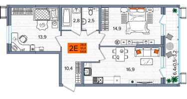 2-к. квартира, 64&nbsp;м²