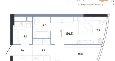 1-к. квартира, 54&nbsp;м²