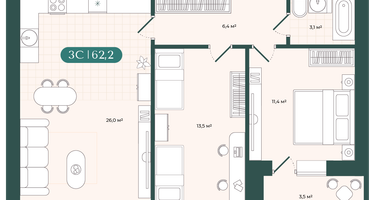 3-к. квартира, 62&nbsp;м²