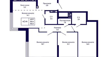 4-к. квартира, 86 м²