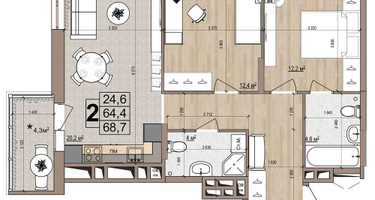 2-к. квартира, 68 м²