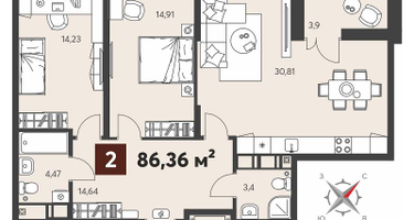 2-к. квартира, 86 м²