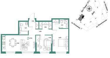 2-к. квартира, 67 м²