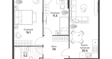 2-к. квартира, 61&nbsp;м²