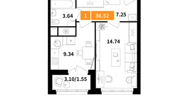 1-к. квартира, 36 м²