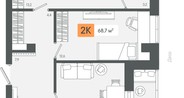 2-к. квартира, 68&nbsp;м²