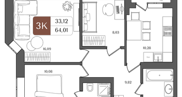 3-к. квартира, 64 м²