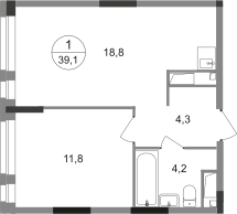 1-к. квартира, 39&nbsp;м²