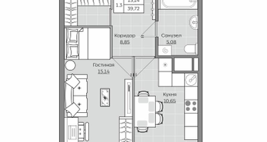 1-к. квартира, 39&nbsp;м²