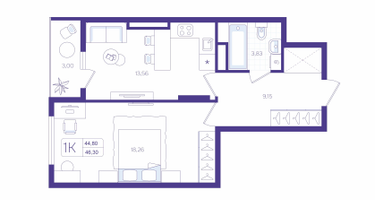1-к. квартира, 46&nbsp;м²