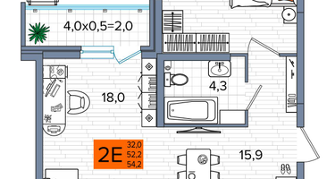 2-к. квартира, 54&nbsp;м²