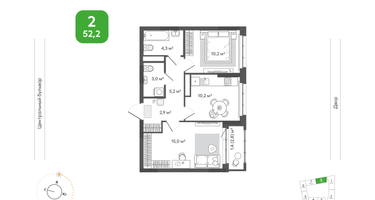 2-к. квартира, 52&nbsp;м²