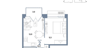 2-к. квартира, 36&nbsp;м²