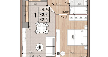 1-к. квартира, 42&nbsp;м²