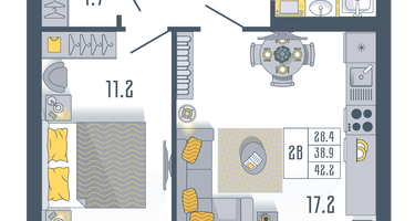 2-к. квартира, 42&nbsp;м²