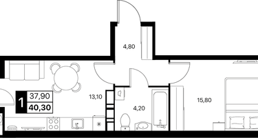 1-к. квартира, 40 м²