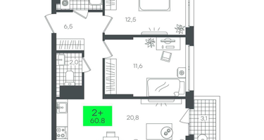 2-к. квартира, 60 м²