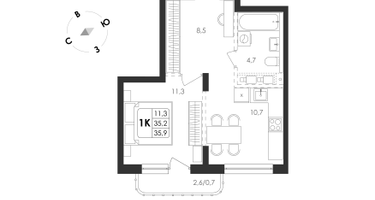 2-к. квартира, 39 м²