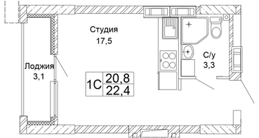 1-к. квартира, 22&nbsp;м²