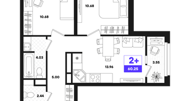 2-к. квартира, 60&nbsp;м²