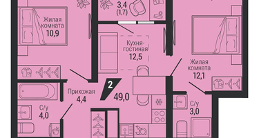 2-к. квартира, 49&nbsp;м²