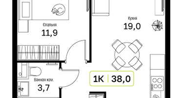 1-к. квартира, 38 м²