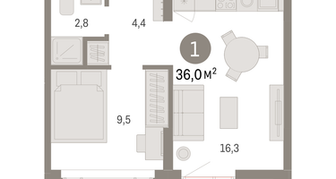 1-к. квартира, 36&nbsp;м²