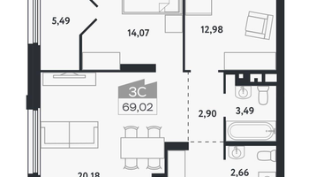 3-к. квартира, 69 м²