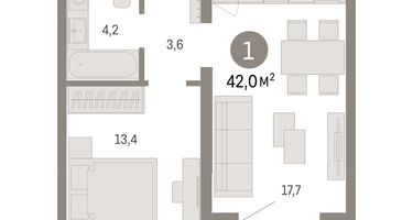1-к. квартира, 42&nbsp;м²