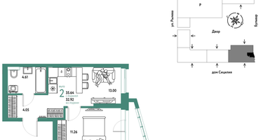 2-к. квартира, 35 м²