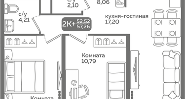 2-к. квартира, 52 м²