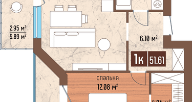 1-к. квартира, 51&nbsp;м²