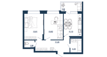 2-к. квартира, 57&nbsp;м²