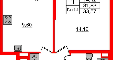 1-к. квартира, 31&nbsp;м²