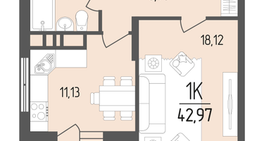 1-к. квартира, 42 м²