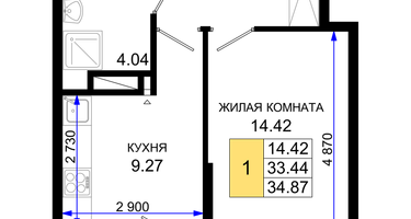 1-к. квартира, 34&nbsp;м²