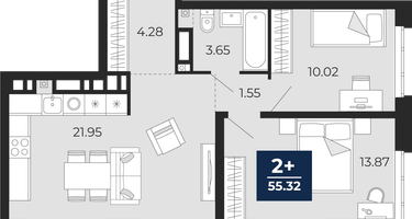 2-к. квартира, 55 м²