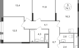 3-к. квартира, 74&nbsp;м²