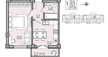 1-к. квартира, 37&nbsp;м²