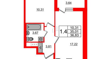1-к. квартира, 35&nbsp;м²