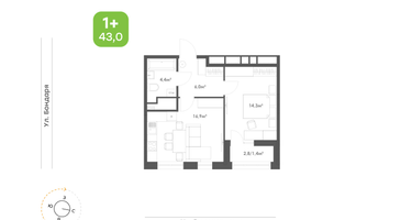 1-к. квартира, 43&nbsp;м²